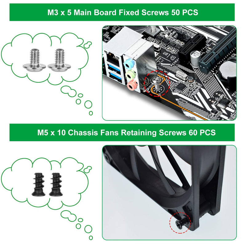 350PCS Computer Screws Assortment Kit, 6-32 Male to M3 Female Black Carbon Steel Motherboard Standoffs Screws and 350PCS Computer Screws Assortment, 6-32 Male to M3 Female Carbon Steel Nickel Plated