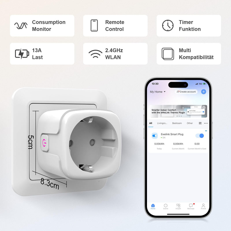 SURFOU WLAN Socket with Timer & Current Meter, Smart Plug 16A with App Control, Voice Control, Timer, for Alexa & Google Home, 2.4GHz WiFi, Remote Access, No Hub Required gray