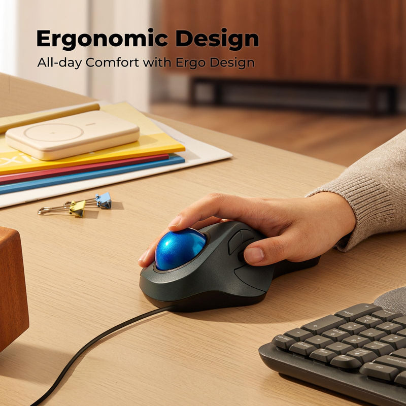 Wired Trackball Mouse for Large Hands, Ergonomic Design Reduces Wrist & Muscle Strain, Precision Tracking with Easy Index Finger Control, Compatible with PC, Laptop, Windows, Mac, Blue D-Blue
