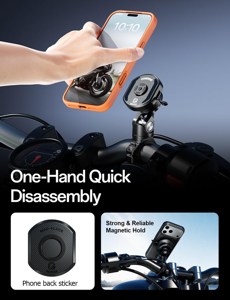 Kewig Aluminum Alloy Motorcycle Magnetic Phone Mount with Magnetic 4-Lock‌ | Vibration Dampener, 1s Auto Lock Bike Phone Holder with Metal Arm & Mounting Base, for 0.87"/1"/1.125"/1.26" Handlebar Short Arm