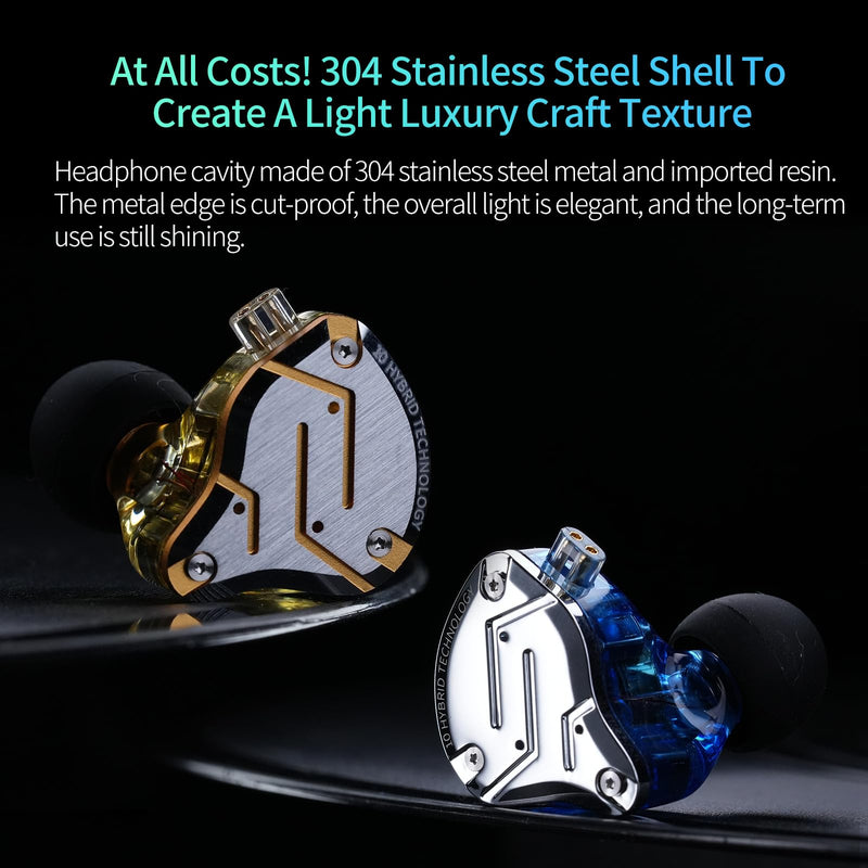 KZ ZS10 Pro 5-Driver in-Ear Earphones, Glare Gold | HiFi Musician Monitor IEM, 4BA+1DD in-Ear Earbuds, Detachable 2-Pin Cable, Noise-Isolating Headphones, Wired Stage Headset Without MIC