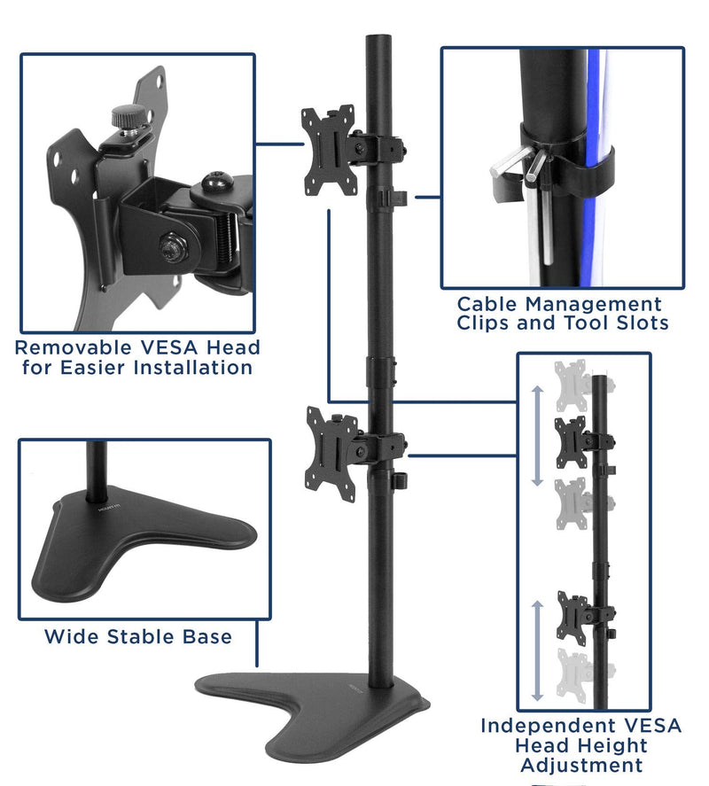 Mount-It! Vertical Dual Monitor Stand, Freestanding Stacked Monitor Mount for 2 Screens 17–32", Height Adjustable, Tilt Swivel Rotate, Portrait or Landscape, Holds 17.6 lbs per Arm, No Desk Clamp Needed