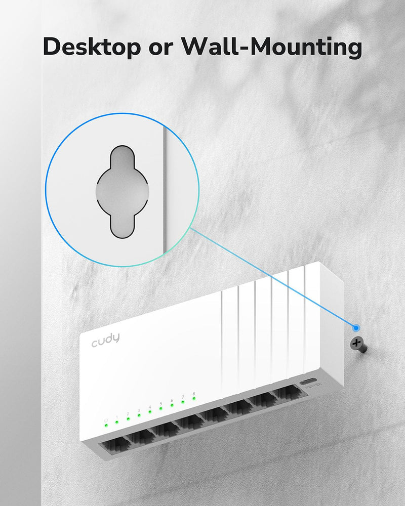 Cudy 8 Port Gigabit Unmanaged Ethernet Switch, USB-C Powered, GS108U | 8x GbE RJ45, Type-C powered via laptop/TV/power bank, 16 Gbps capacity, 170m Cat5e reach, white design, silent