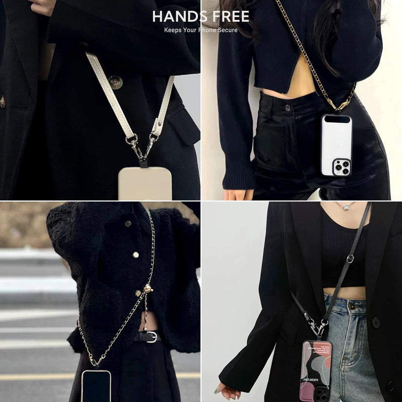 BFSD·DM Phone crossbody strap, 2× Pads,1× Leather Phone Strap,1× Phone Wrist Strap,1× Adjustable Finger Strap,Universal Crossbody Patch Phone Lanyards,Compatible with Most Smart, phone lanyard Gold/Black Adjustable