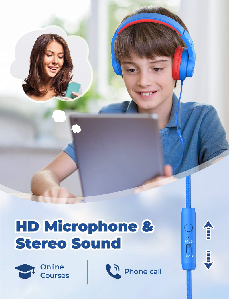 iClever Kids Headphones for School Travel, Safe Volume 85/94dB, HD Mic Stereo Sound Over-Ear Girls Boys Headphones for Kid, FunShare Foldable 3.5mm Wired Kids Headphones for iPad Computer Blue M