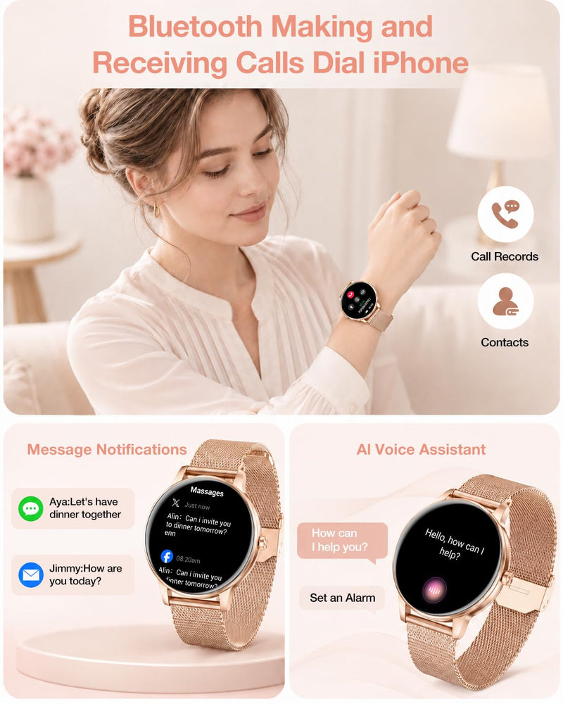 Smart Watch for Women, 1.27"Fitness Tracker with IP68, 4Bands, iOS/Android | Bluetooth Call & Answer, 130+ Sports Modes with Heart Rate/Sleep Monitor, Round Rose Gold Watch for Gift