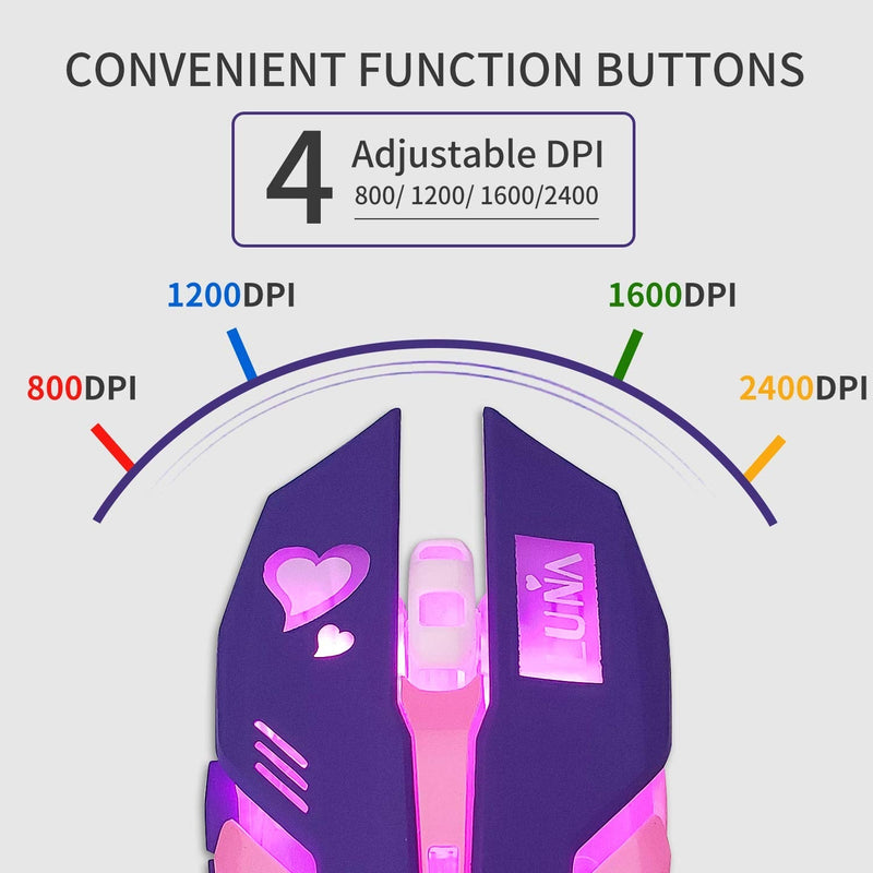 Gaming Mouse,Pink Backlit Optical Game Mice Ergonomic USB Wired with 2400 DPI and 6 Buttons 4 Shooting for Computer/Win/Mac/Linux/Andriod/iOS. (Purple) purple