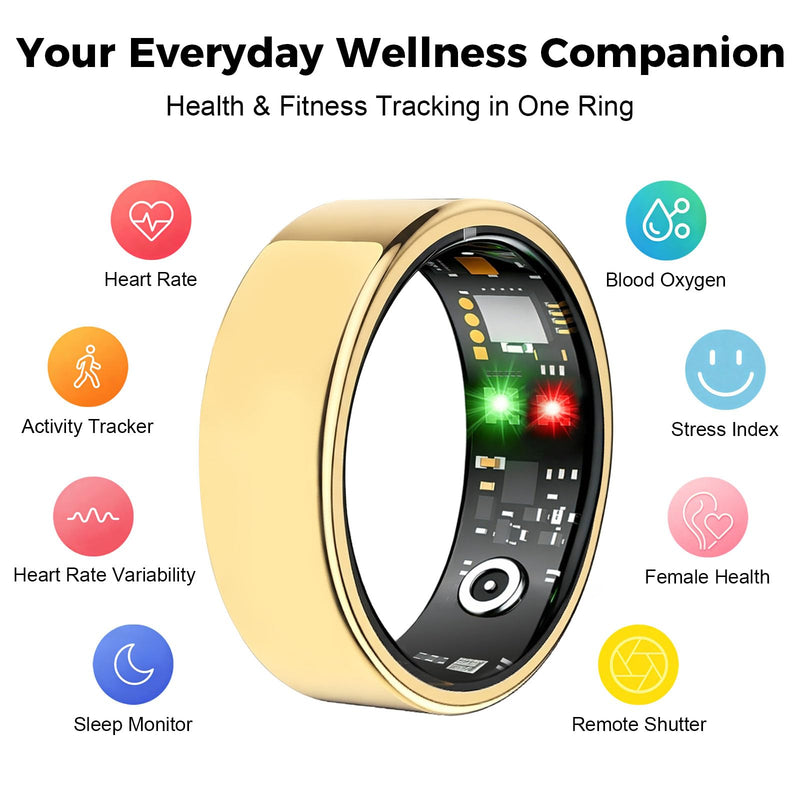 Smart Ring for Women Men, Health Tracking Ring No APP Fee (Gold,8) | 24/7 Fitness Tracker Heart Rate/SpO2/Stress/Sleep Monitor, IP68 Waterproof, Long Battery Fast Charge, iOS/Android Compatible Gold 8