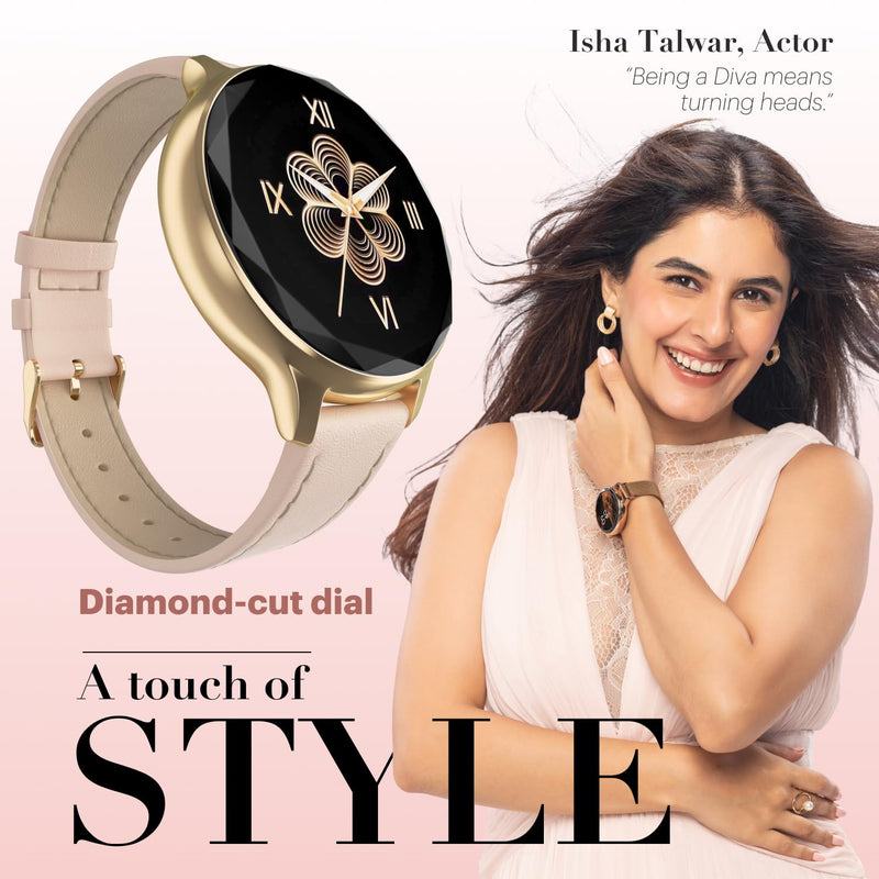 Noise Diva Smartwach for Women with AI Voice Assistant, 100+ Watchfaces, Sleep Tracker, Female Cycle Tracking, BT Calling, AMOLED Display, Water & Dust Resistant, 1 Year Warranty Gold Link