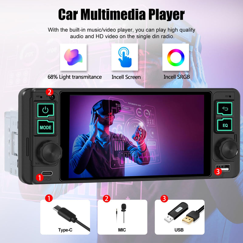 Single Din Car Stereo with Wireless Apple Carplay Android Auto, 5.1" InCell Touchscreen Car Radio with Bluetooth 5.2 Handsfree Mirror Link 1 Din Head Unit with FM/Type-C/USB/EQ/Microphone 5.1-In Incell Screen
