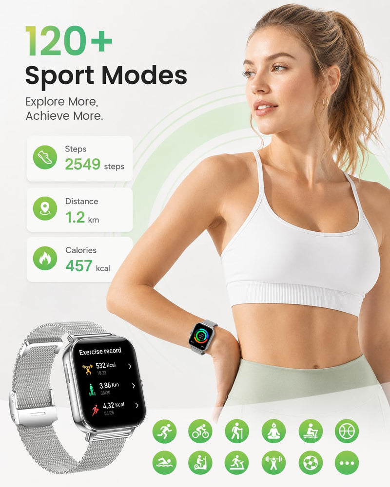 Smart Watch for Women with Bluetooth Call, 1.85'' Waterproof Smartwatches with 100+ Sport Modes Pedometer Heart Rate/SpO2/Sleep Monitor, Fitness Activity Trackers for iPhone Android, Silver