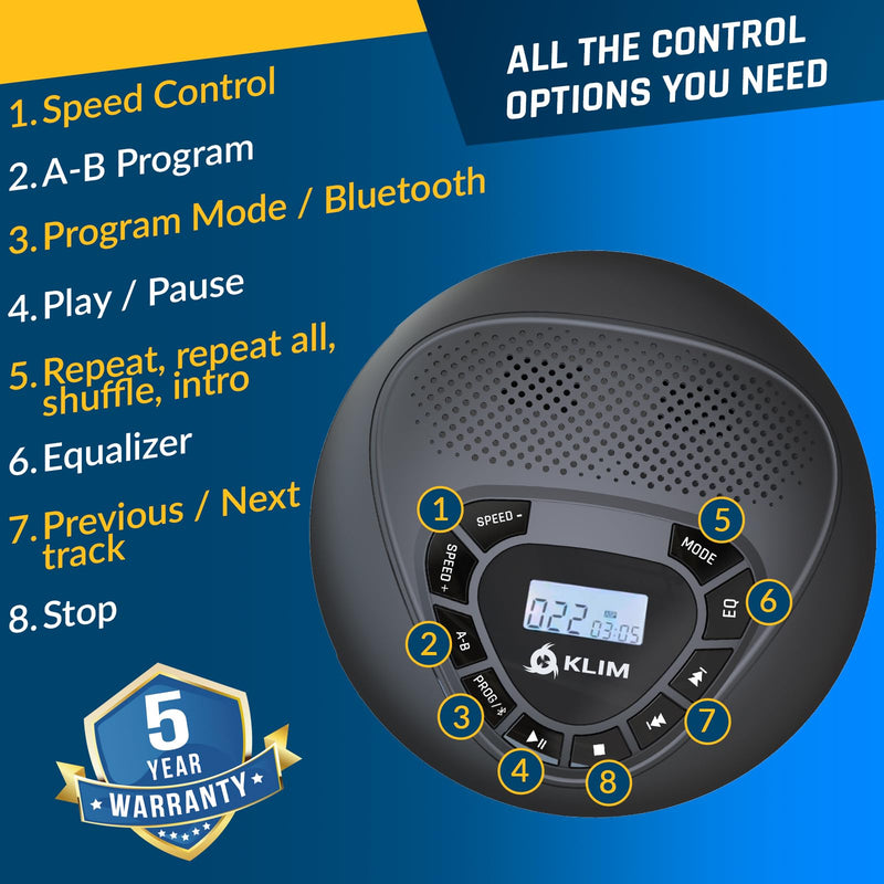 KLIM Speaker + Bluetooth CD Player with Speakers + NEW 2024 + Discman + Rechargeable Battery + Portable CD Player with Headphones + CD Player Portable + SD Card + AUX + Ideal for Car, Home With Bluetooth