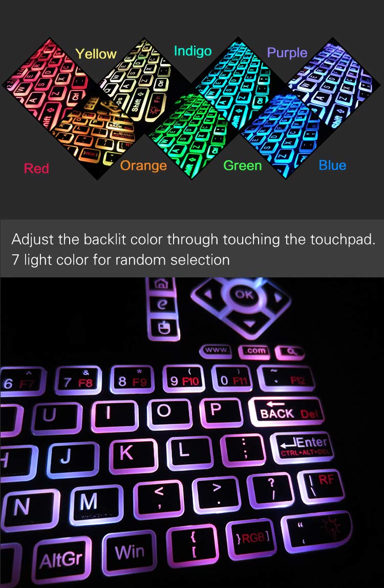 Mini Wireless Keyboard,Q9 Mini Keyboard with Touchpad,Colorful Backlit Small Wireless Keyboard,Mini Rechargeable Handheld Remote Keyboard for PC,Raspberry Pi 4, Android TV Box,KODI,Windows 7 8 10 Q9 Colorful Backlit