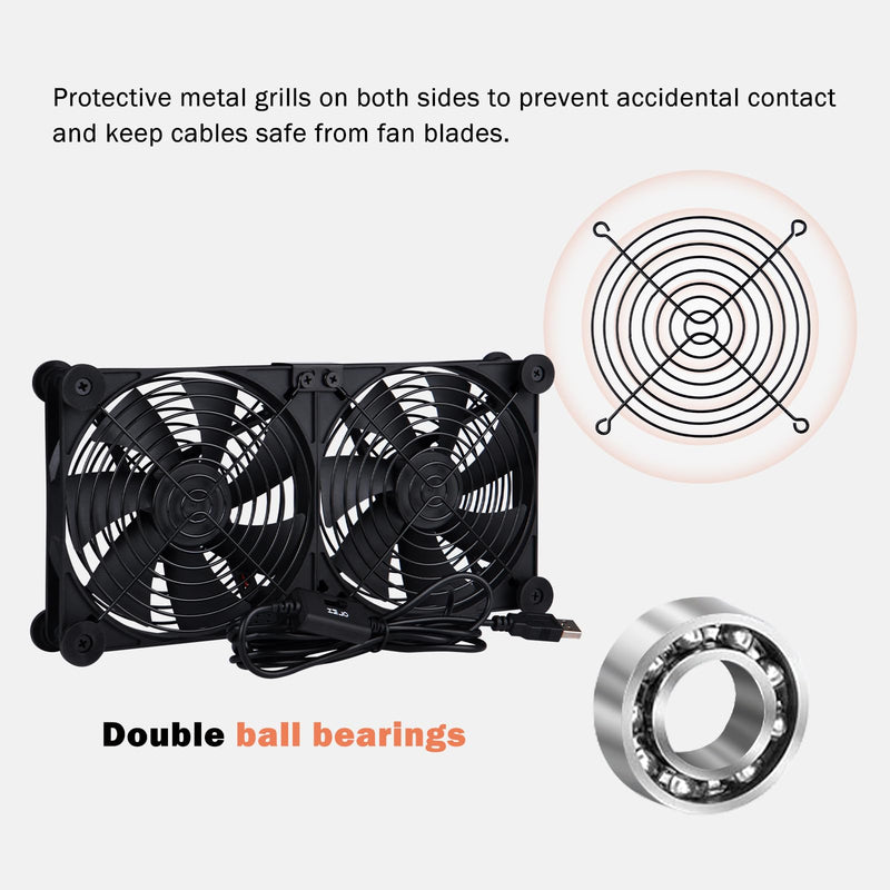 Quiet Dual 140mm Router Fan Cooler with L/M/H 3-Degree Speed Controller, DC 5V USB Powered Cooling Case Fan for Router Modem Receiver DVR PlayStation TV Box