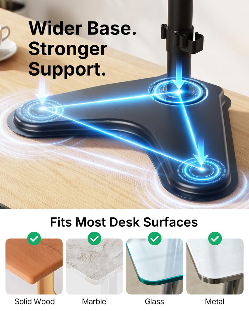 HUANUO Triple Monitor Stand for 13-27 Inch Screens, 3 Monitor Mount | Free Standing & Grommet Base, 40% Thicker Pole, Larger Base, Tilt, Swivel, Rotation, Holds up to 22 lbs, VESA 75x75/100x100mm