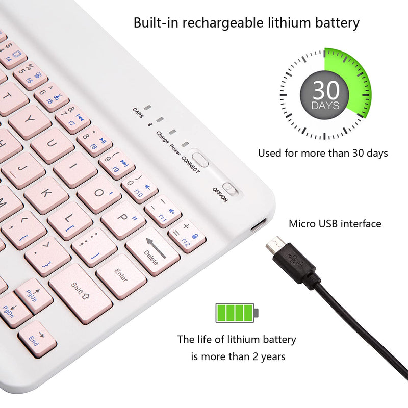 Ultra-Slim Bluetooth Keyboard Portable Mini Wireless Keyboard Rechargeable for Apple iPad iPhone Samsung Tablet Phone Smartphone iOS Android Windows (10 inch Pink) 10 inch Pink