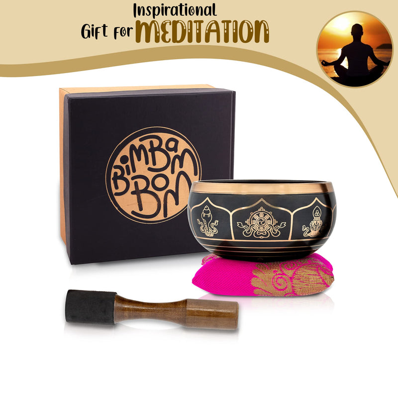 BimBamBom Singing Bowls – Hand Crafted Tibetan Singing Bowl w/Mallet & Cushion, Meditation Bowl For Yoga and Holistic Healing, Stress Relief, Brass 4” Auspicious Symbol Deep Sound Prayer Bowl Pink