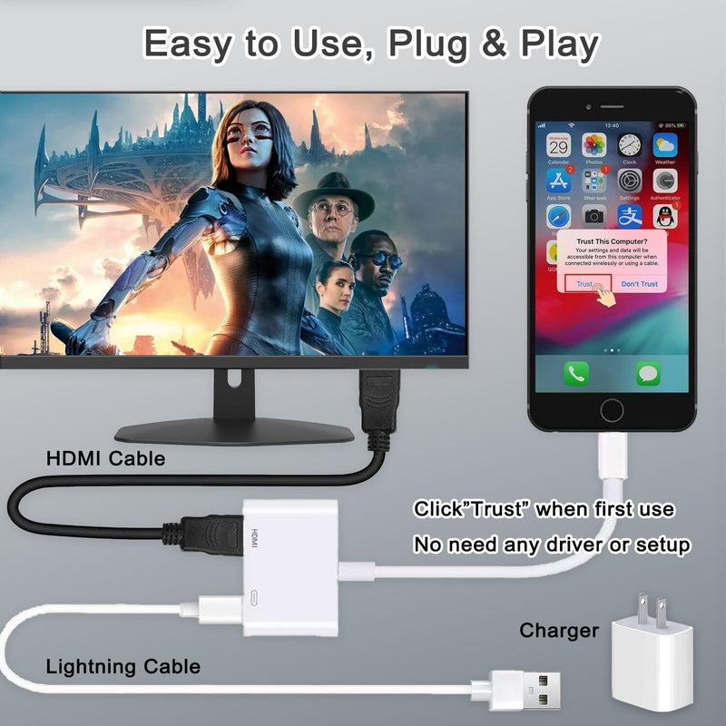 HDMI Adapter for iPhone to TV, 4K HD Digital AV Adapter Screen Converter with Charging Port, Compaitble with iPhone to HDMI Adapter Cable for HDTV, Monitor, Projector, white