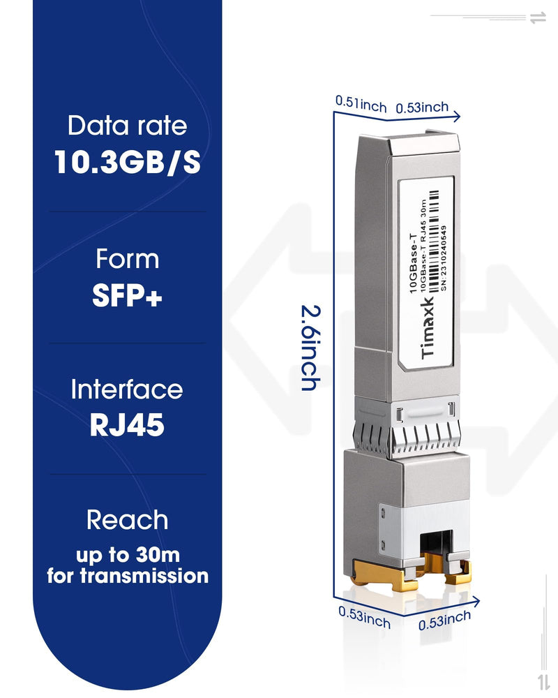 Timaxk 10G SFP+ to RJ45 Transceiver, 10GBase-T Copper Ethernet Module, 30m Over Cat6a/Cat7, Compatible with Cisco SFP-10G-T-S, Ubiquiti UACC-CM-RJ45-MG, MikroTik S+RJ10, Netgear, QNAP, 1 Pack