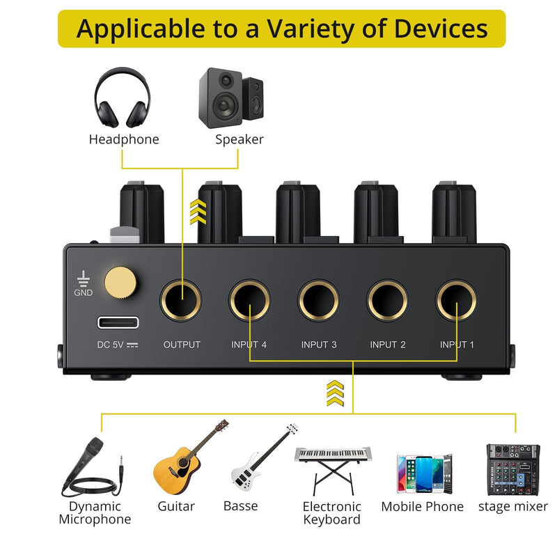 [AUSTRALIA] - PROZOR Mini Audio Mixer 4 Channel Line Mixer - USB-C Powered Sub Mixer with Volume Control & Stereo Mono Switch, Compact Low Noise Audio Mixer for Guitar, Bass, Keyboard, Recording, Streaming 
