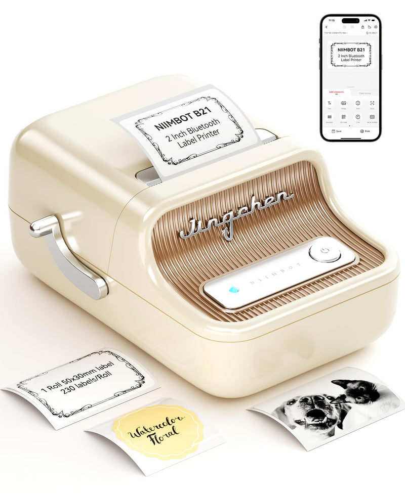 NIIMBOT B21 Label Maker Inkless Bluetooth Label Printer, 2 Inch Portable Thermal Printer for Small Business, Address, Logo, Clothing, Mailing, Candles, Jewelry, Sticker Printer for Gift, White Cream White