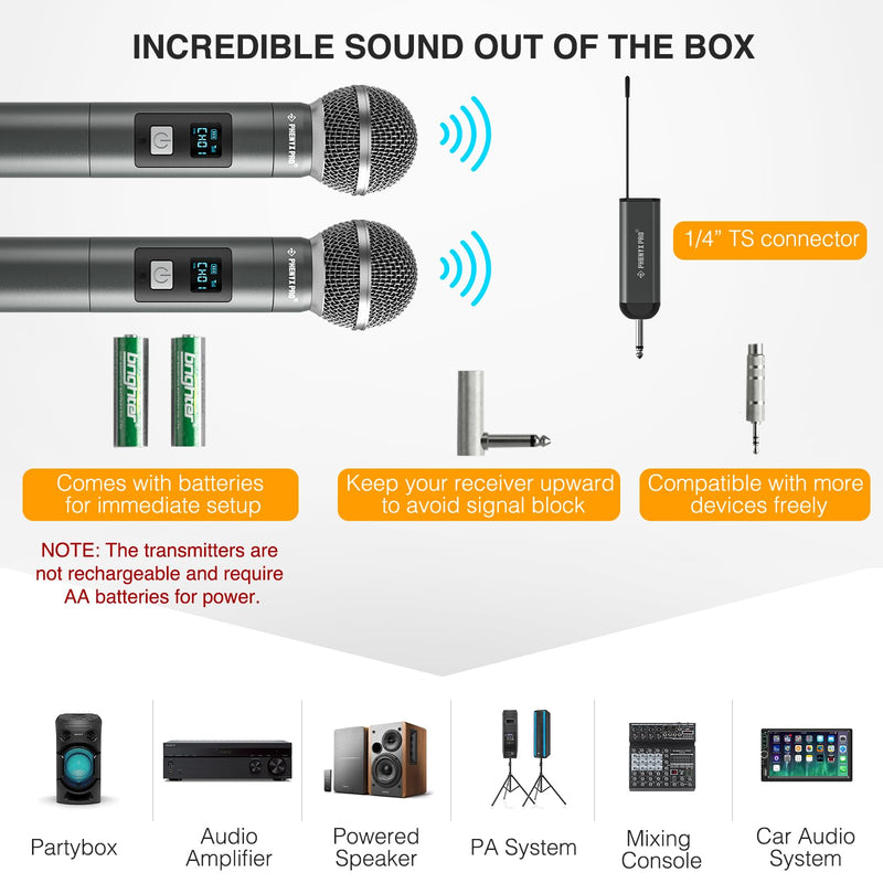 Phenyx Pro Dual Digital Wireless Microphone System, w/2 Handheld Dynamic Microphones,15 UHF Frequency Groups, Mini Receiver, Metal Cordless Mic for Karaoke,Church,DJ,Singing (PDP-2-2H) PDP-2