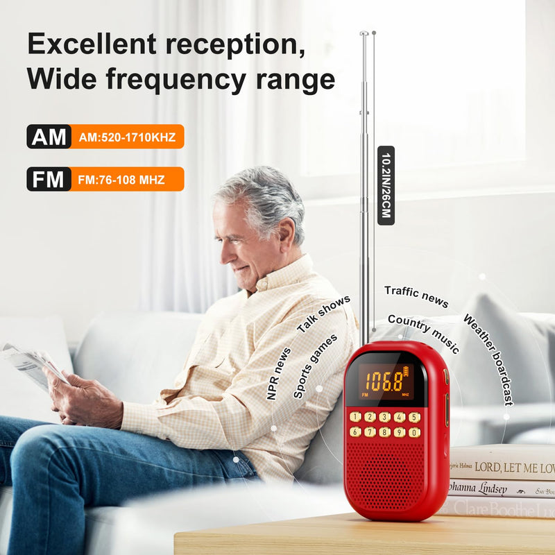 [AUSTRALIA] - Pocket AM FM Radio:1100mAh Rechargeable Radio Supports Bluettoth, Mini FM AM Receiver with Large Speaker, Stereo Earphone, Sleep Timer, Easy to use for Jogging, Walking Red 