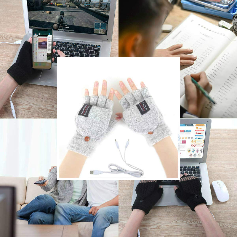 Women's & Men's USB Heated Gloves Knitting Hands Full & Half Heated Fingerless Heating Warmer with Button Washable Design, Mitten Winter Hands Warm Laptop Gloves Gray