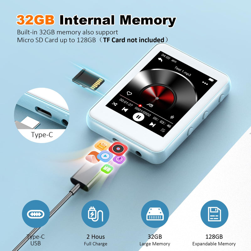 [AUSTRALIA] - Light Blue MP3 Player with Bluetooth 5.3, 32GB Touchscreen Portable Music Player,Built-in Speaker,FM Radio,Voice Recorder,HiFi Sound,Expandable to 128GB – Perfect for Running,Travel,Study & Relaxation Blue-32GB 