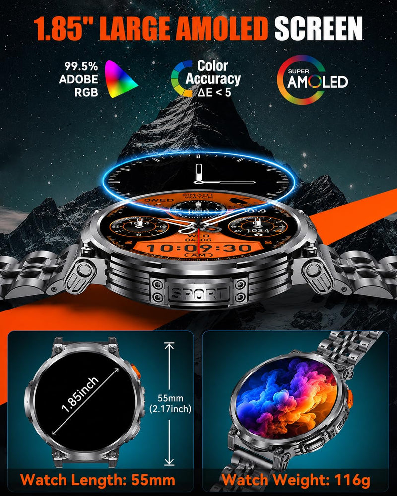 1.85" Big Screen Military Smart Watch for Men with Flashlight, 930mAh Large Battery, IP68 Waterproof, Bluetooth Calling, 114 Sports Modes, Heart Rate/Sleep Monitor for iPhone & Android Black - Silicone & Metal Bands