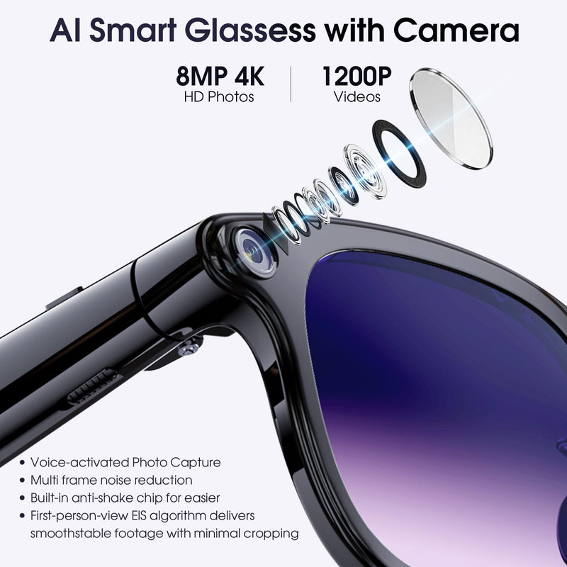 AI Smart Glasses with Camera, 4K Video Recording Camera Glasses for Travel | AI Sunglasses for Women Men, Life Vlog Work, Real-Time Translation, Voice Assistant, Hands-Free Calls, Open-Ear Audio, 3 Lens Lacquer Black