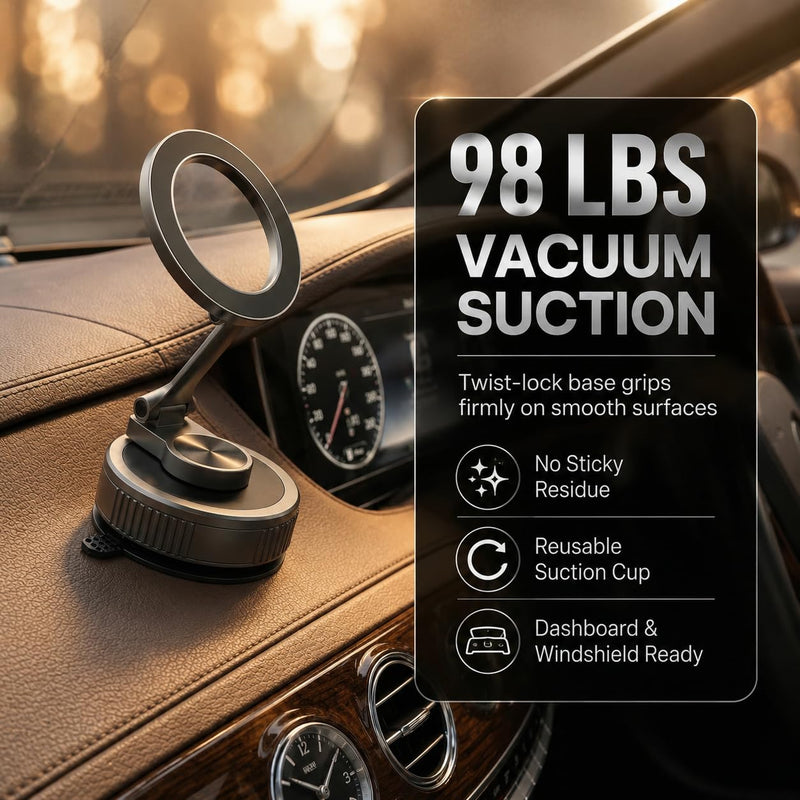 Suction Phone Mount for Car, Twist-Lock, Fold-Flat for MagSafe | Up to 98 lb suction, 2400gf N52 magnetic hold, zinc alloy body, 360° adjustable, folds to 0.75 in, magnetic ring included