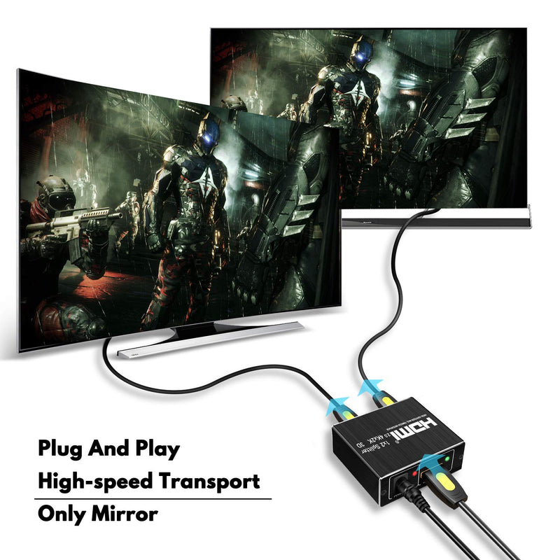 HDMI Splitter 1 in 2 Out, HDMI Splitter 1 to 2 Amplifier for Full HD HDMI 2.0 1080P/ 3D/ 4K for Xbox PS4 PS3 Fire Stick Roku Blu-Ray Player Apple TV HDTV Black
