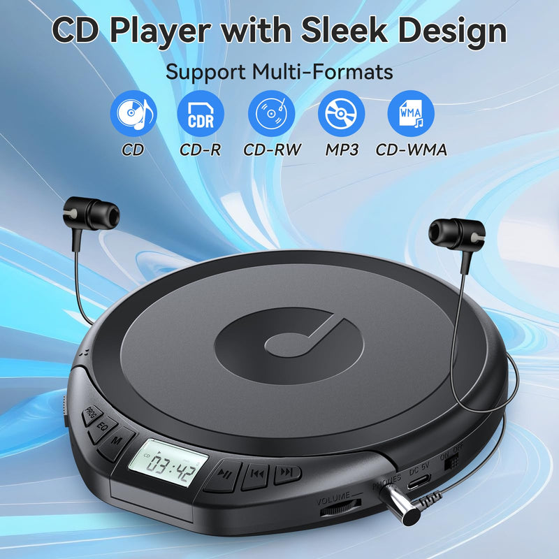 [AUSTRALIA] - Portable CD Player with Headphones KOVCDVI CD Player Portable for Car with Anti-Skip & Shockproof,CD Discman with LCD Display,AUX Cable and Earphone for Sport Home Outdoor Black 