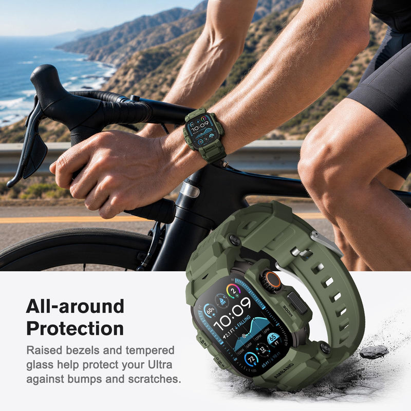amBand Rugged Case with Band Compatible with Apple Watch Ultra 3/2/1 49mm for Men, Shockproof Protective Case with 9H Screen Protector, Sport Band & Bumper Cover, Army Green