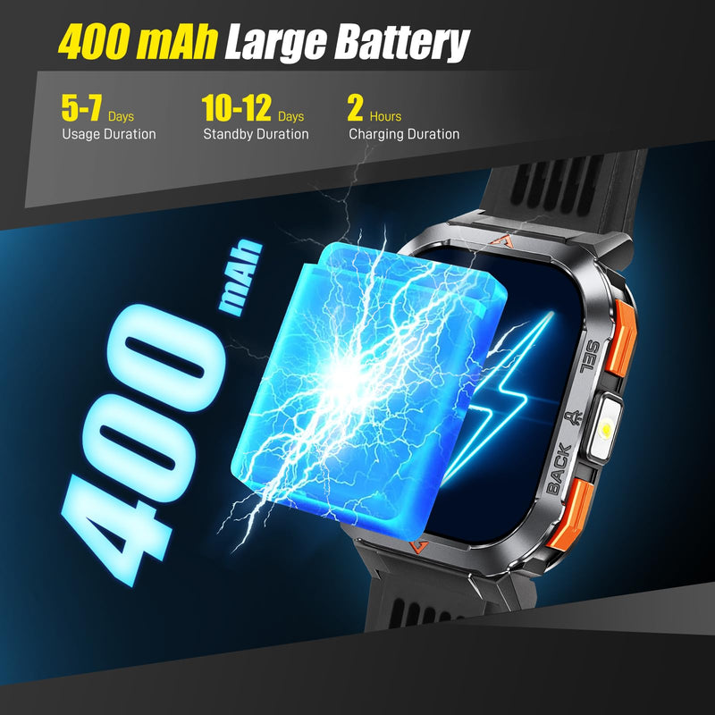 Military Smart Watches for Men Make/Answer Calls 2.02'' HD with Flashlight | Outdoor Sports Smartwatch Compass Big Battery SOS Heart Rate/Sleep Monitor 3ATM Waterproof Fitness Watch for iOS/Android