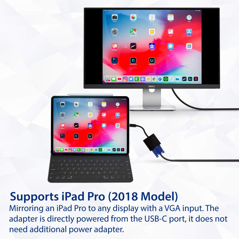 USB Type-C to VGA Adapter. Support Resolution up to 1080p. Bus-Powered. Fully Plug-n-Play. Thunderbolt 3