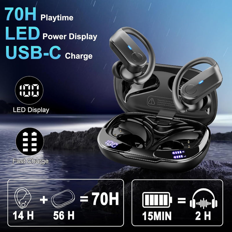 Ordtop Sport Wireless Earbuds with Earhooks, 70H Playtime, IPX8 Waterproof | Bluetooth 5.4, 4 ENC Microphones, Deep Bass Sound, LED Display, USB-C Fast Charging, Secure Fit For Running, Gym And Workouts Deep Black