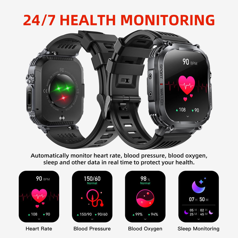 Military Smart Watch Sport Fitness Tracker, with LED Flashlight, 3ATM Waterproof, Answer/Make Calls Message Notification,Heart Rate Blood Oxygen Sleep Monitor, 2.02“ Big Screen, for iPhone/Android