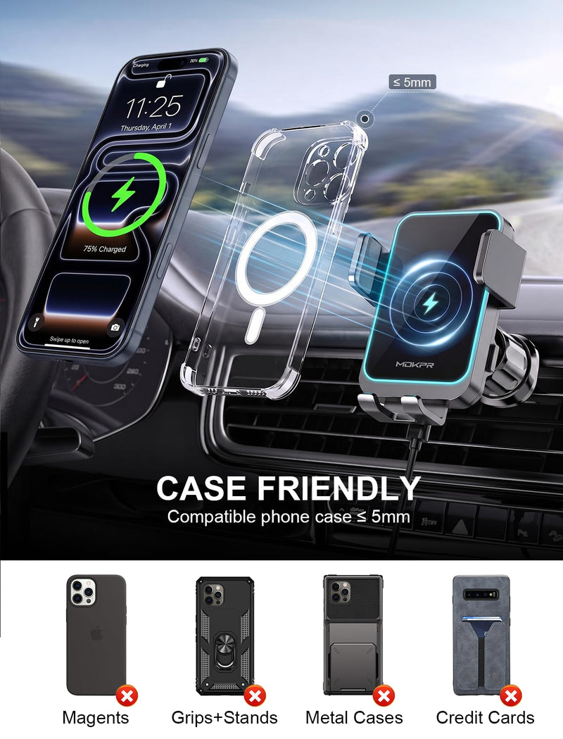 Wireless Car Charger Auto Clamping LED Car Charger Dash Windshield Air Vent | Phone Holder Compatible with iPhone 17 16 15 14/13/13 Pro/12 pro/12/11/X/8, Samsung S24/S23/S22 Series Dashboard