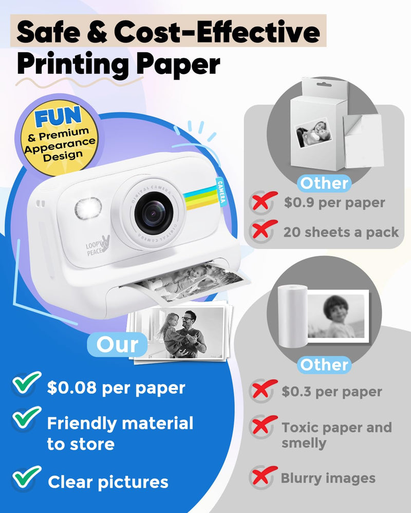 Kids Camera Instant Print, Christmas Birthday Gifts for Girls and Boys Age 3-12,1080P Kids Instant Cameras That Print Photos,Portable Toddler Toy for 3 4 5 6 7 8 9 10 11 Year Old Boys White