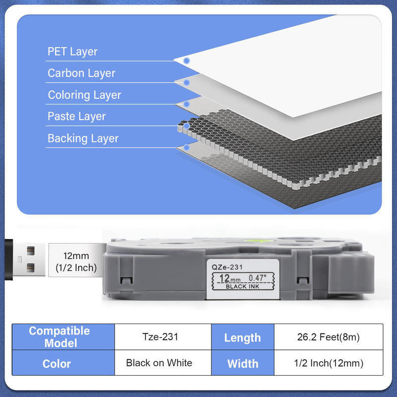 [AUSTRALIA] - 5Pack TZe-231 Tape Label Maker Compatible with Brother P-Touch TZe-231 Tape, TZE231 ½” 0.47”x 26.2 ft Laminated Black on White, for use with PT-D210, PT-H110, PT-D220, PT-D410, PT-D600 12mm 0.47" 5 