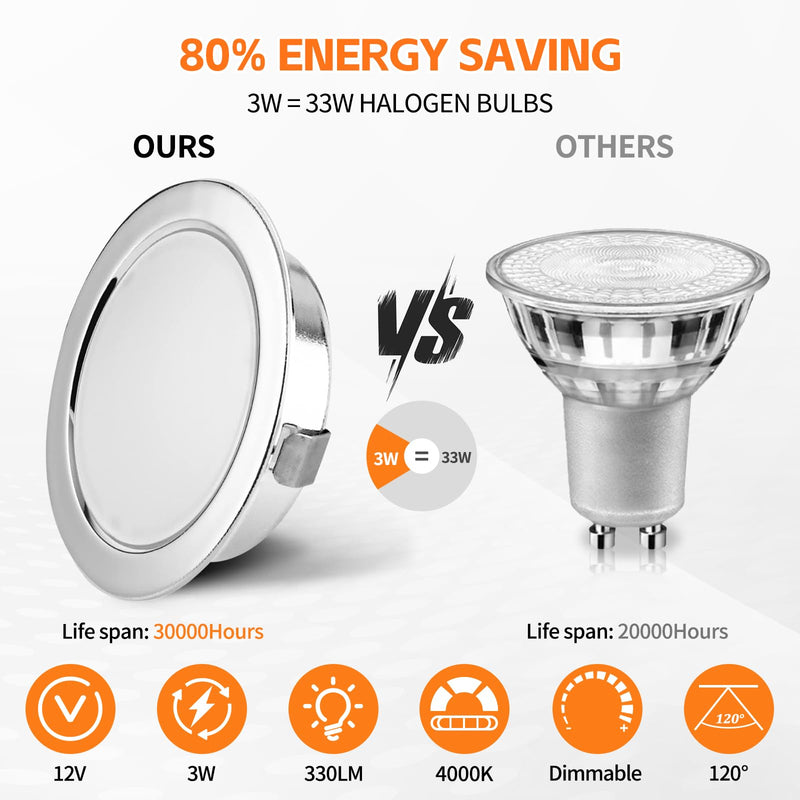 YindaLux Recessed Spotlight LED 12 V 4000 K Neutral White LED Spot Dimmable 3 W Recessed Spotlights 55-58 mm Hole Size Recessed Lights for Caravans Kitchen Wardrobe Aluminium Chrome Set of 3 4000K 3 Stück