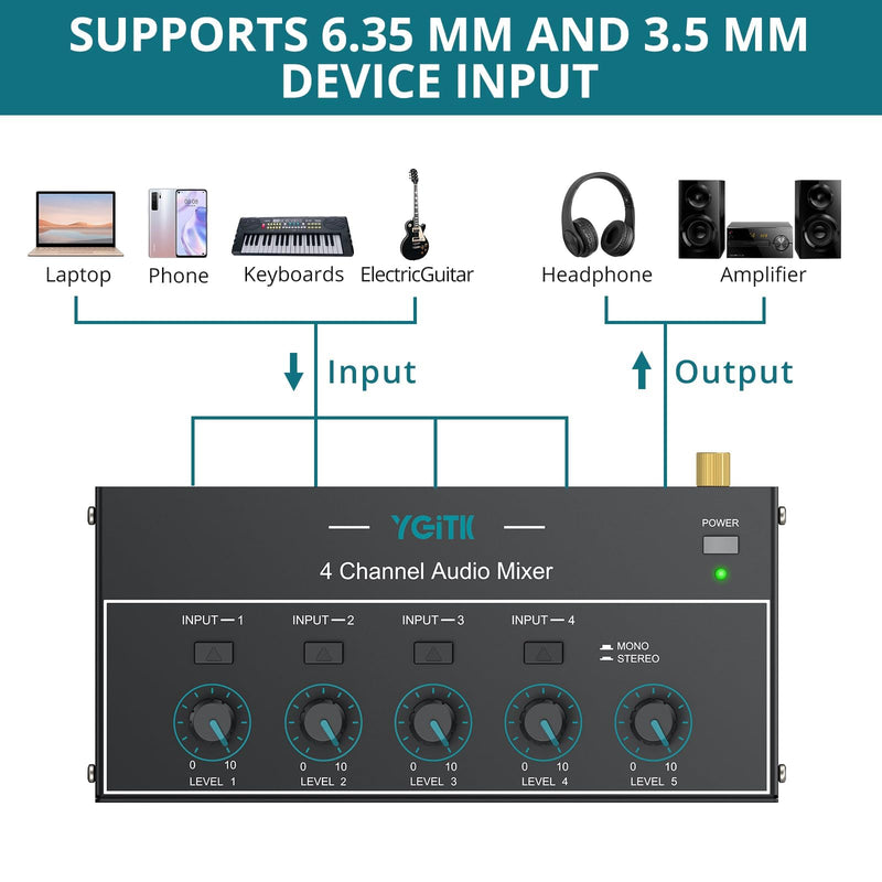 Mini Audio Mixer, 4 Channel Stereo Line Mixer 1/4" & 1/8" TSR Audio Output Input Jack, Line Mixer Stereo/Mono Independent Control and Switch for Guitars,Bass,Keyboards, Dynamic Microphone