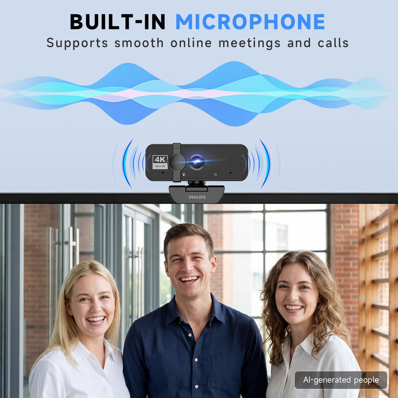 PHILIPS 4K Webcam for PC with Microphone, Computer Camera for Meetings | Plug & Play USB Web cam with Privacy Cover, for Laptop, Desktop, Zoom, Teams, Skype, Video Conferencing, Streaming, Black