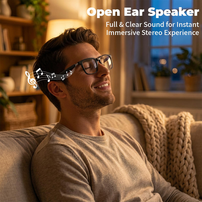 Smart Glasses with Bluetooth Speakers, Open Ear Audio Glasses with Magnetic Polarized Sunglasses Clip, Blue Light Blocking, IPX56 Waterproof, Smart Audio Glasses for Men/Women, Black Frame