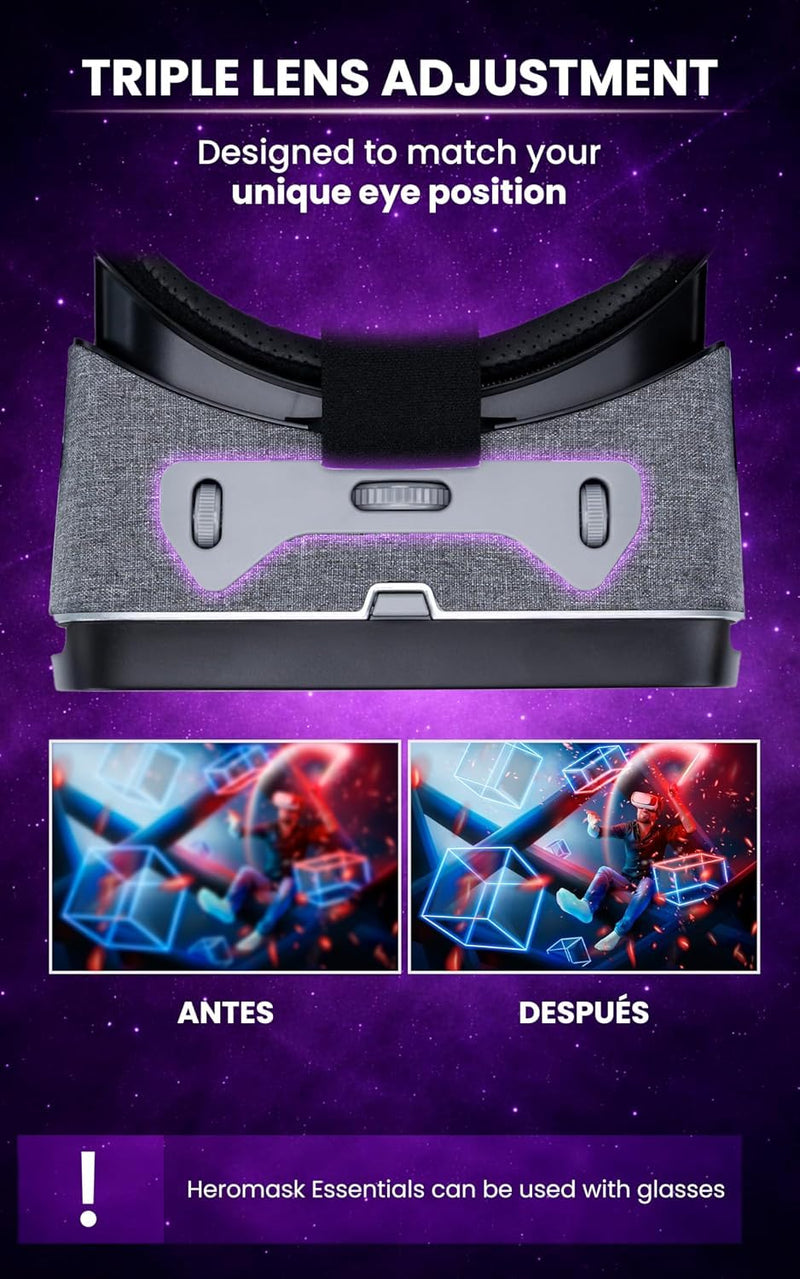 Heromask Essentials VR Headset for Phone · 3D Films & 360° Videos | 3D films, 360° videos & VR games with your smartphone. Adjustable HD lenses. Gift for adults & families
