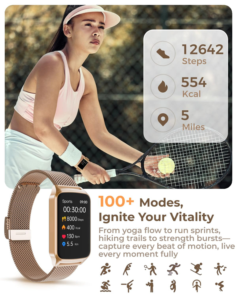 Fitness Tracker Watch for Women Men, Step Counter Work for iPhone and Android, IP68 Waterproof, Activity Track with Calorie, Sleep Monitor, 110+ Sports Modes Pedometer Smart Smartwatch (Gold, 1.57)