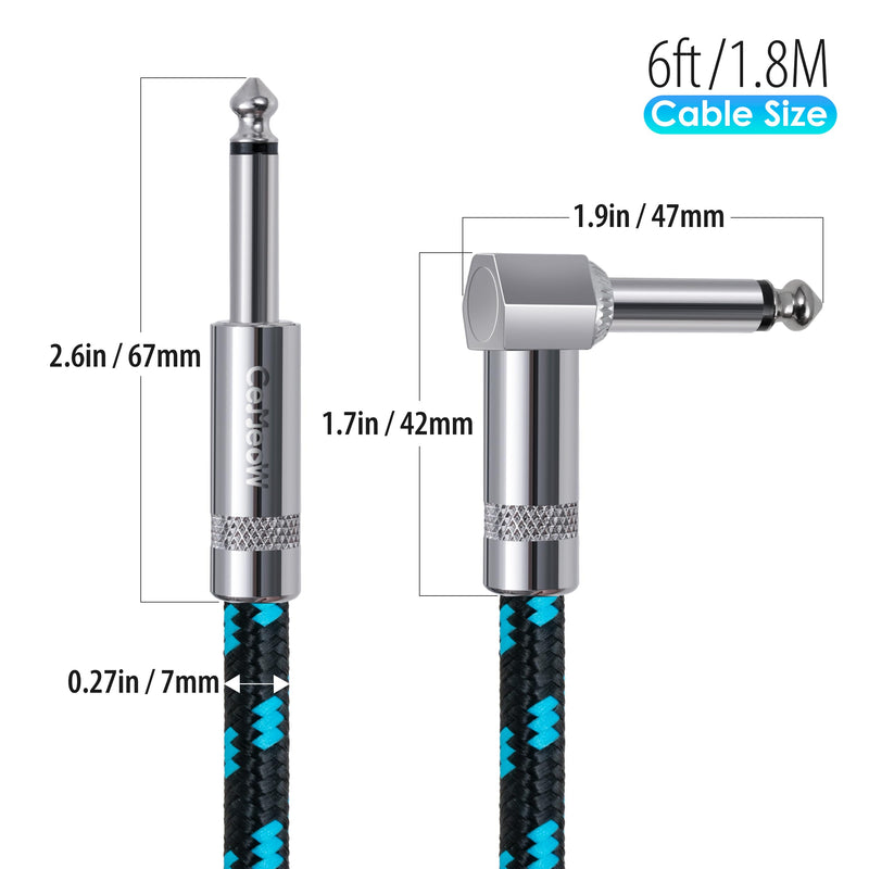 Guitar Cable 6ft 1/4 Inch Guitar Cord Straight to Right Angle Instrument Cable with Braided Tweed and Anti-Kinking Design for Guitar Bass Amp, Black & Blue Black Blue