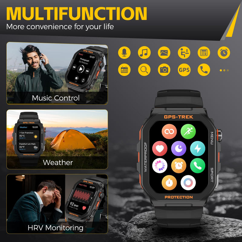 Military Smart Watches for Men Built-in GPS with Bluetooth Call 1.75" HD | Rugged Tactical Smartwatch Big Screen IP68 Waterproof Fitness Tracker Watch with Heart Rate Sleep Monitor for iPhone Android Black-orange